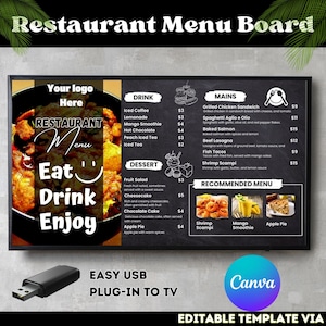 Tablero de menú de TV para restaurante, pantalla de visualización de menú de restaurante, señalización de TV digital, señal digital de restaurante, plantilla de Canva editable.