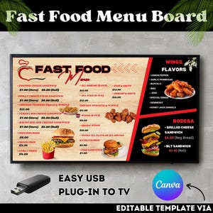 Tv-menubord voor restaurant, fastfoodmenu, digitaal menubord, hamburgermenu, doe-het-zelf statisch, sjabloon tv-menubord, canvassjabloon