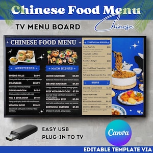 Menu do restaurante chinês Great Wall, modelo digital Canva de menu de comida chinesa, quadro de menu de TV, design de menu editável