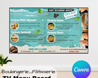 French Bakery TV Menu Template: Editable Digital Sign (Canva Download 1920x1080px)