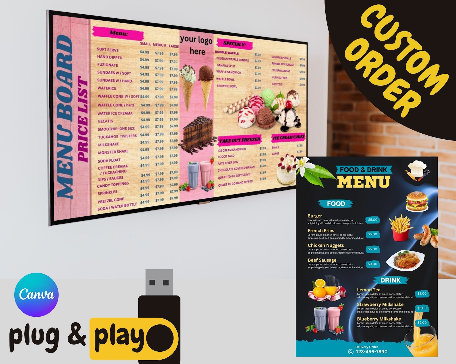 Custom Restaurant TV Menu Board Design: Food Flyers, Canva Template ...