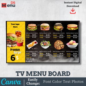 Puede incluir: Una plantilla de menú digital para TV con una barra lateral amarilla que muestra una hamburguesa, papas fritas y bebida, junto a una sección negra con varios alimentos como hamburguesas, pizza, ensalada y helado con texto y precios.