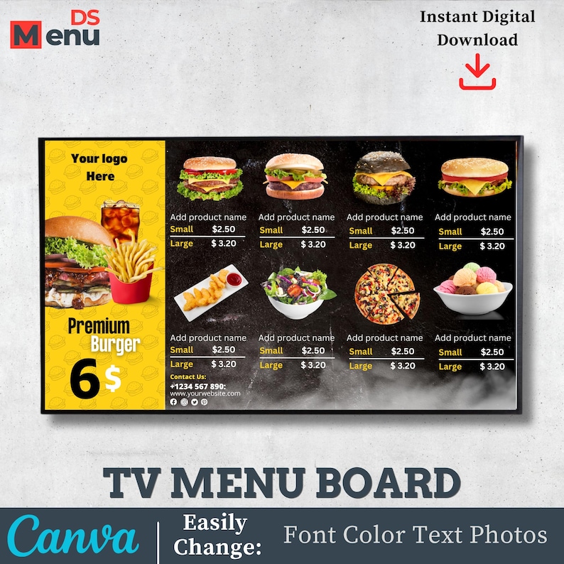 Restaurant TV Menu Board Template | Editable Canvas Digital Sign | Cafe ...