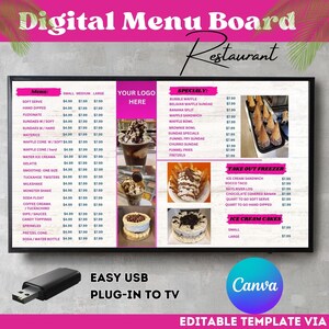 Tablero de menú de TV estático DIY, plantilla de tablero de menú, tablero de menú de restaurante, tablero de menú para restaurante, tablero de lista de precios minimalista, Canva.