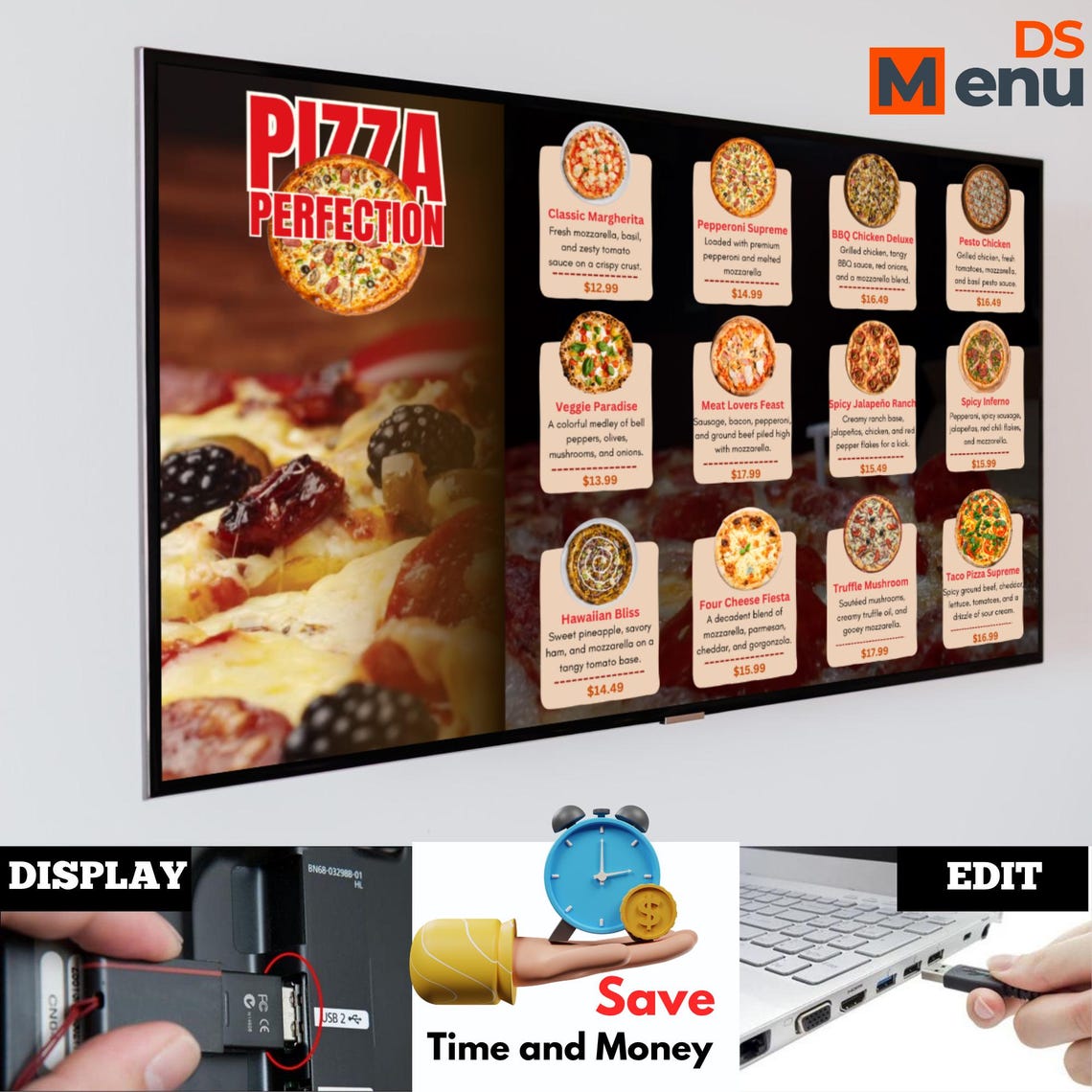 Animated Pizza TV Menu Board Template | Canva Digital Menu for Pizzeria ...