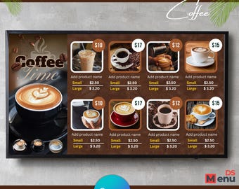 May include: A digital TV menu board with a coffee theme. The board displays various coffee drinks with prices. The words "TV MENU BOARD" and "Coffee Time" are at the top. The bottom of the board says "EASY TO EDIT IN Free Account" and "WEBSITE TEMPLATE fully Editable".