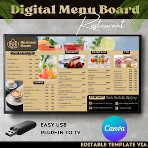 Quadro de menu digital de bebidas editável para restaurantes | Menu de bebidas e coquetéis personalizável | Design de café moderno | Download instantâneo