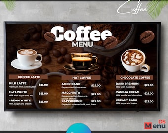May include: A digital menu board displaying a coffee menu with various coffee drinks. The menu includes coffee latte, flat white, cream white, americano, macchiato, cappuccino, dark premium, vanilla cream, and creamy dark. The background features coffee beans.