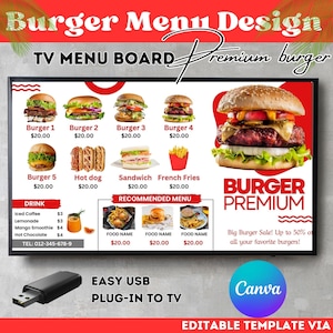Burger TV Menü Vorlage: Restaurant Digital Display (Canva Editierbar)