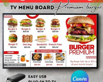 Burger TV Menu Template: Restaurant Digital Display (Canva Editable)