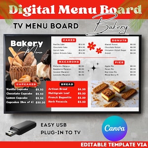 Plantilla de tablero de menú de panadería editable, diseño Canva fácil para menús de panadería personalizados, tablero de menú moderno y elegante para pastelerías