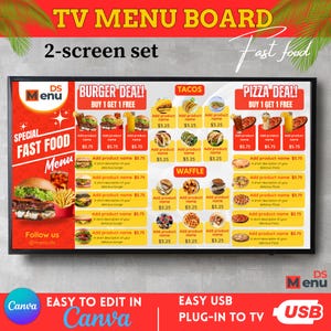 May include: A digital fast food menu board with a black frame, displaying various food options like burgers, tacos, pizza, and waffles. The menu includes prices and the text "BUY 1 GET 1 FREE" for certain deals. The board is labeled "TV MENU BOARD" and "2-screen set".