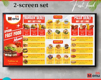 Animierte Fast Food TV Menu Board Vorlage, bearbeitbare Canva Digital Restaurant Slideshow