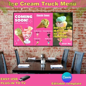 Ice Cream Truck Menu | Animated TV Menu Board | Digital Menu Board | Editable Canva Template for Food Trucks