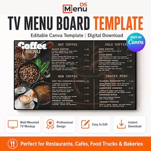 Coffee Shop TV Menu Board Template, Editable Canva Digital Display