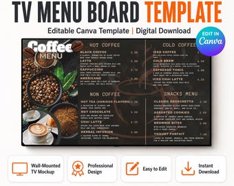 Plantilla de menú para TV de cafetería, editable en Canva Digital Display
