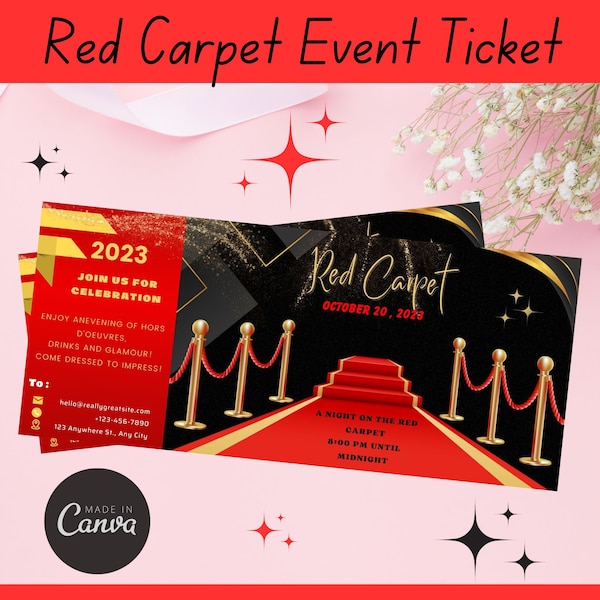 Red Carpet Event Ticket, Editable Red Carpet Invitation,  Hollywood Ticket Invitation, Sweet 16, Prom, School Dance, Anniversary, Birthday