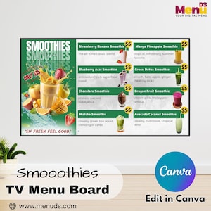Könnte beinhalten: Eine digitale Menütafel für Smoothies mit einem grün-weißen Design. Die Speisekarte zeigt Smoothie-Optionen wie Erdbeer-Banane, Blaubeer-Acai und Matcha mit Preisen an. Die Tafel enthält den Text "SIP FRESH. FEEL GOOD."