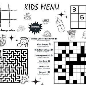 Może przedstawiać: Czarno-białe menu dla dzieci z r&oacute;żnymi potrawami, w tym grillowanym serem, burgerem, rybą z frytkami, quesadilla, hot dogiem i deserem. Menu zawiera r&oacute;wnież grę w k&oacute;łko i krzyżyk, labirynt i krzyż&oacute;wkę.