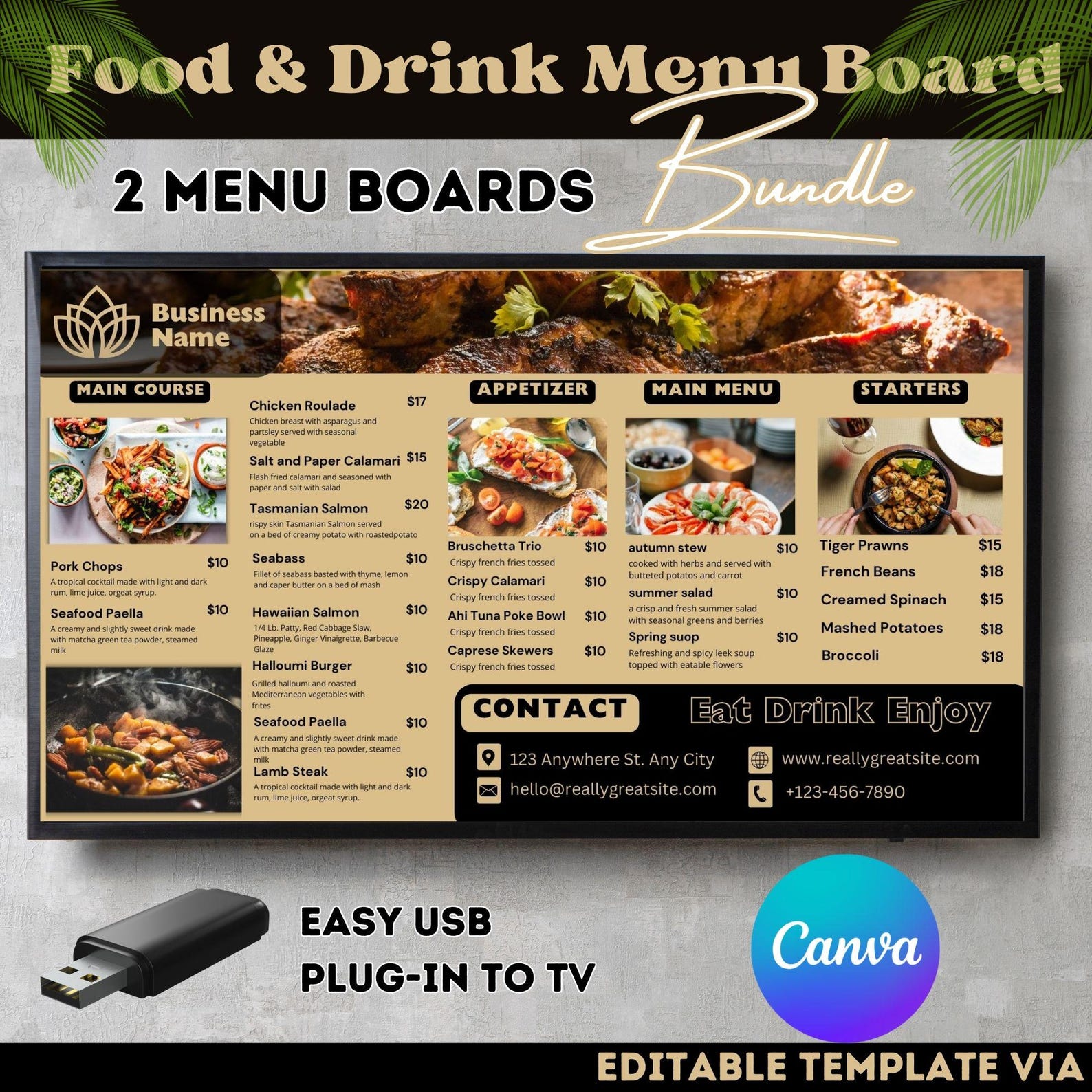 Food and Beverage Digital Menu Board Bundle | Editable Canva Templates ...