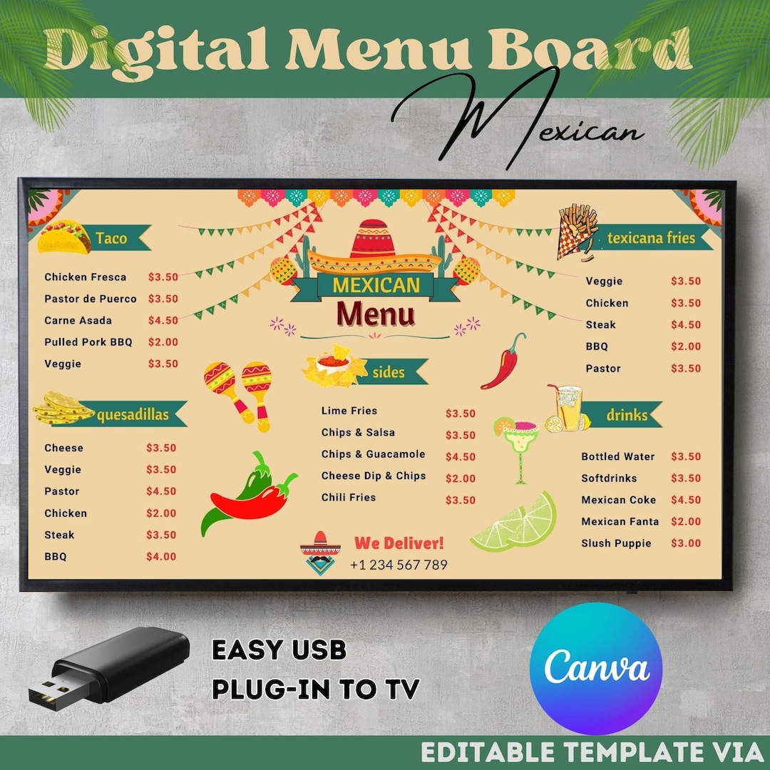 Editable Mexican Food Menu Board Template for Canva, Mexican Food Menu