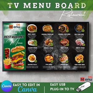 May include: A digital restaurant menu board with a black frame, displaying various food options. The menu includes dishes like Beef Curry, Chicken Terriyaki, and Seafood Pasta. The board also features the text "TV Menu Board Restaurant".