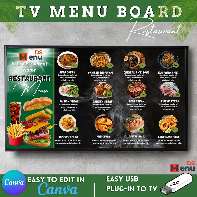 Professional Menu Board | Restaurant TV Display | Editable Canva ...