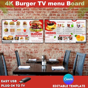 4K Digital Burger & Drinks TV Menu Board Template – Editable Digital Template for Static Screens – Customizable USB Plug and Play