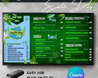 Earth Day TV Menu Board Template: Editable Restaurant Menu (Digital)