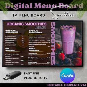 May include: A digital menu board for a smoothie shop with a pink smoothie in a glass on the right side of the screen. The menu lists different smoothie options, including regular, special, and mix special smoothies. The menu also includes best sellers and their prices. The text on the screen reads "Digital Menu Board", "TV Menu Board", "Organic Smoothies", "Smoothies", "Regular Smoothies", "Special Smoothies", "Mix Special", "Best Sellers", "Popeye Punch", "The Flying Lucy", "Charlie Brown", "Easy USB Plug-in to TV", "Canva", and "Editable Template Via".