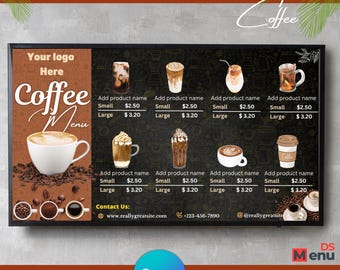 May include: A black TV menu board with a coffee theme. The board features a coffee menu with prices, coffee cup illustrations, and the text "Coffee Menu." The board also includes the text "Easy to edit in Free Account" and "Website Template fully Editable."