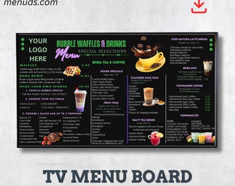 Bubble Waffle Drinks Menu Canva Editable Digital TV Boba Instant Cafe Download