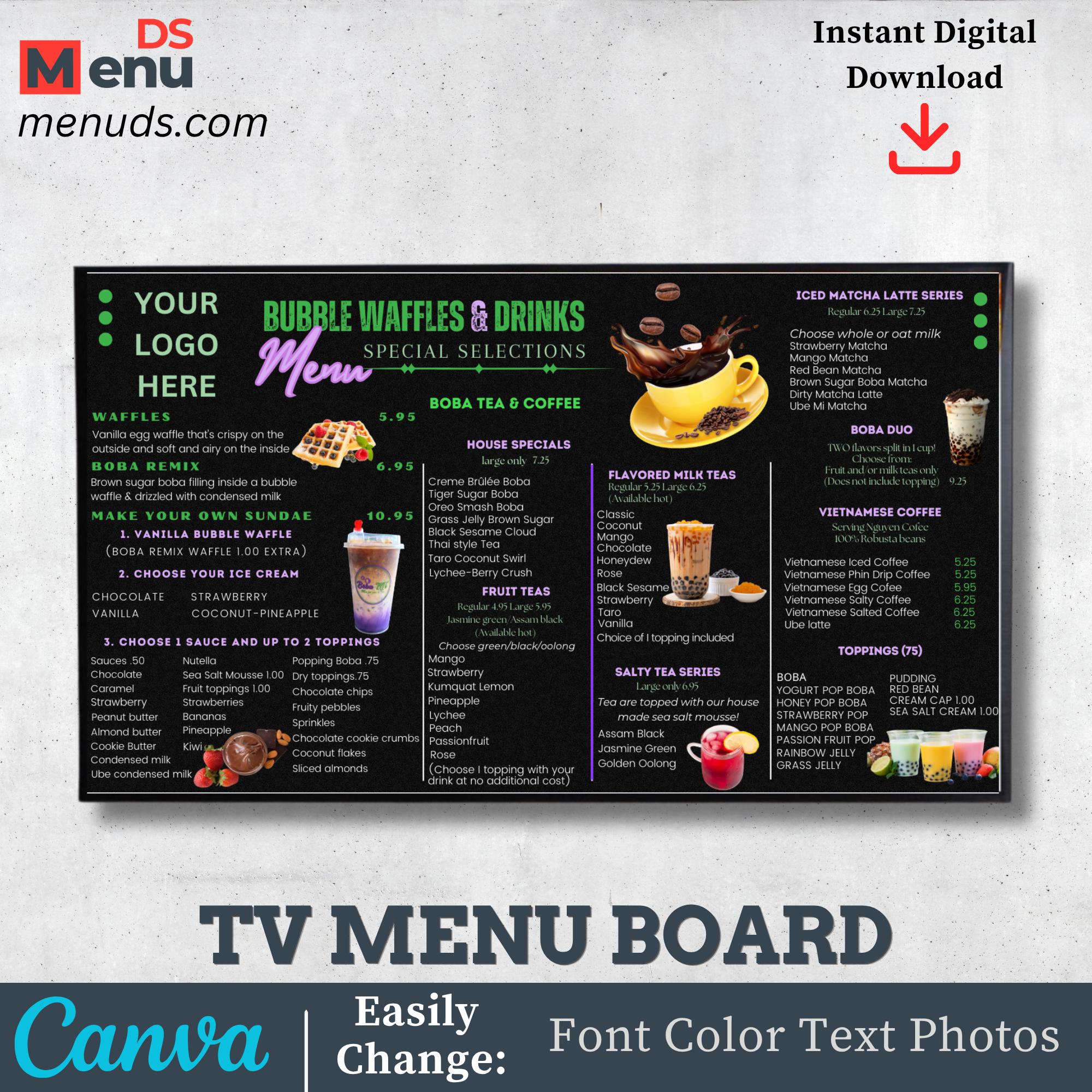 Bubble Waffle Drinks Menu Canva Editable Digital TV Boba Instant Cafe ...