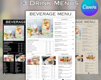 Paquete de menús de bebidas editables: Plantillas de bebidas para restaurantes (Canva A4, descarga digital)