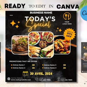 Edytowalna ulotka z dzisiejszym specjalnym menu do wykorzystania w mediach społecznościowych. Codzienne promocje. Ulotka marketingowa na temat menu dań. Wyprzedaż kolacji. Specjalne dania.