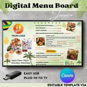 Tablero de menú digital de restaurante jamaicano, tablero de menú de TV, menú de restaurante, menú de Jamaica, menú de cocina jamaicana, plantilla editable a través de Canva.