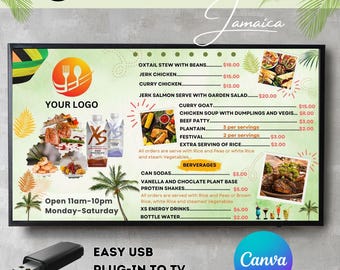 Jamaican Restaurant TV Menu Board: Editable Canva Template