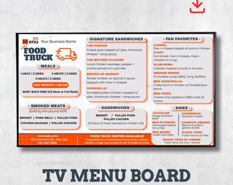 Food Truck TV Menu Board Template | Editable Canva BBQ Sandwiches Menu | Digital USB Sign