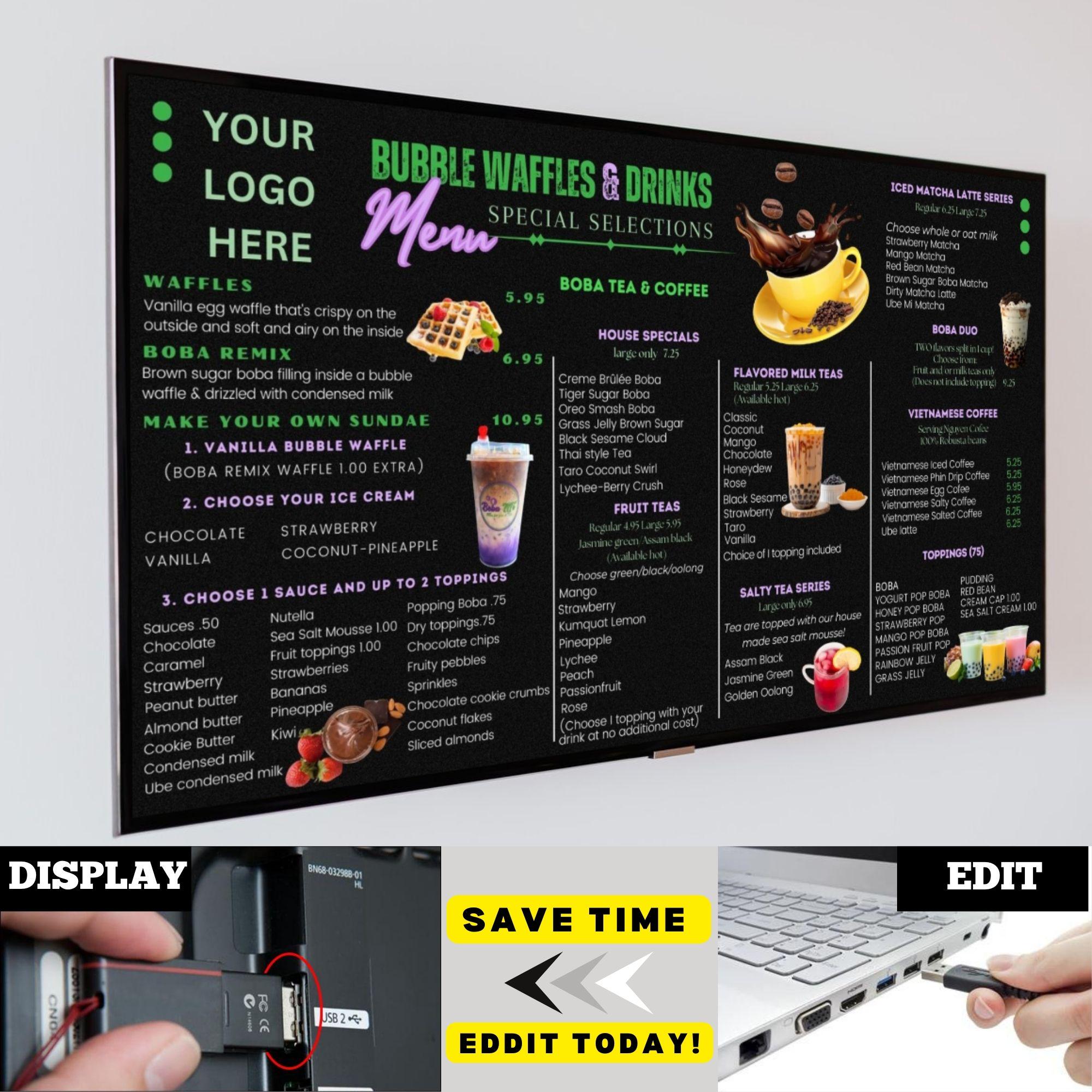 Tv Menu Board for Restaurant, Bubble Waffles Menu, TV Menu Board ...