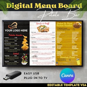 Potato Snacks Menu Board: Restaurant TV Menu, Editable Canva Template (Digital)