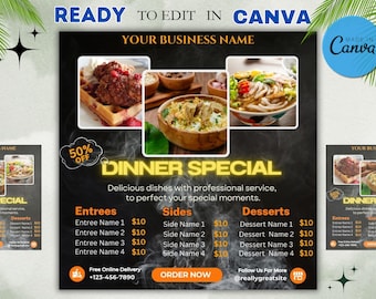 Puede incluir: Un gráfico negro y amarillo con el texto "Cena Especial" y un menú para entrantes, acompañamientos y postres. El menú incluye los precios de cada artículo. El gráfico también incluye una llamada a la acción para pedir ahora y un número de teléfono para la entrega online gratuita.
