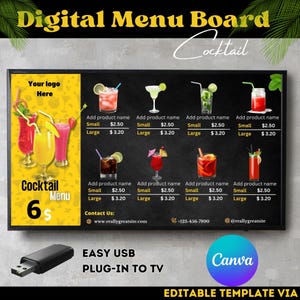 Tablero de menú de TV, Tablero de menú de cócteles, Tablero de menú digital, Tablero de menú de bebidas, Tablero estático DIY, Plantilla de tablero de menú de TV, Plantilla Canva editable.