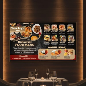 Könnte beinhalten: Eine digitale Restaurantkarte mit Gerichten wie Spaghetti, Frühlingsrollen und gegrilltem Lachs. Die Speisekarte enthält einen Abschnitt "Komplettpaket" mit Kombi-Mahlzeiten. Das Logo und die Kontaktdaten des Restaurants sind ebenfalls zu sehen.