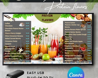 Protein Flavors TV Menu Board Template: Digital Restaurant Menu (Canva)