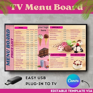 Menu de TV moderno, freezer para viagem, menu de TV, menu de TV digital, menu de sorvete, modelo Canva, editável