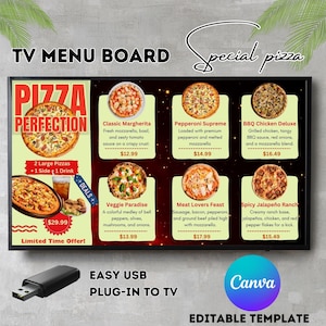 Animierte Pizza TV Menü: Restaurant Digital Display Canva Vorlage