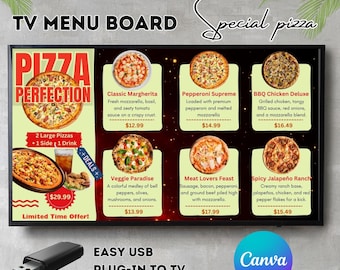 Animated Pizza TV Menu: Restaurant Digital Display Canva Template