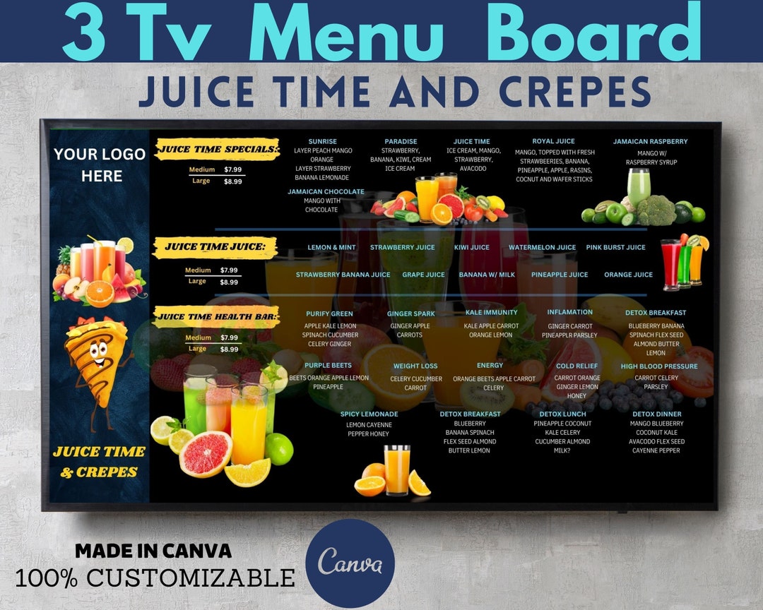 Juice and Crepes Menu Templates,3 Tv Menu Board, Drink Price List,juice