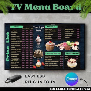 Tableau de menu TV, tableau de menu TV moderne, menu TV numérique, congélateur à emporter, menu crème glacée, modèle de toile, modifiable