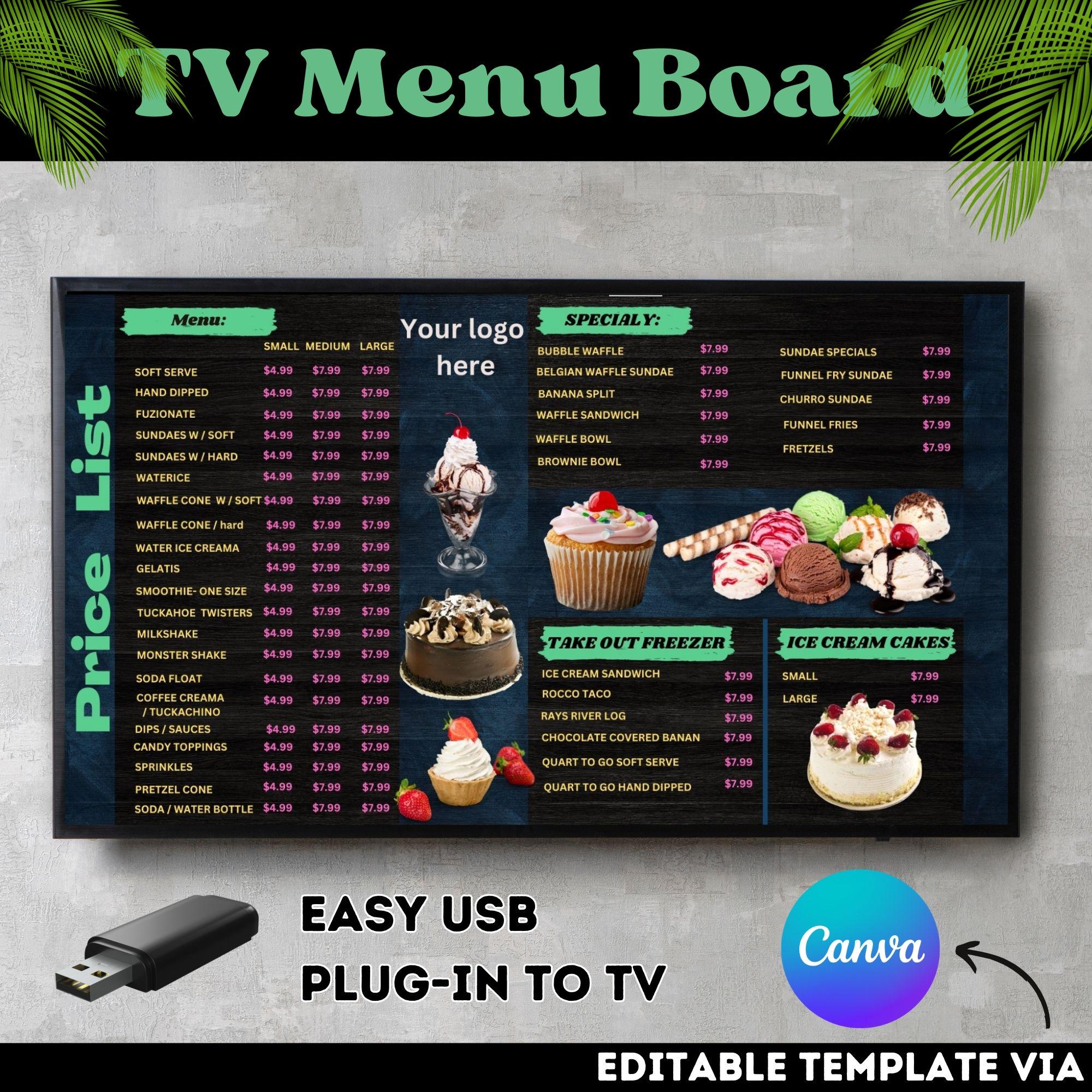 TV menu board, modern TV menu board, Digital TV menu, Take Out Freezer, Ice Cream Menu, canva template, Editable